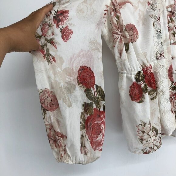 NWT Guess White & Red Floral Long sleeve Button Up Smocked Waist Cold Shoulder S - Picture 6 of 16